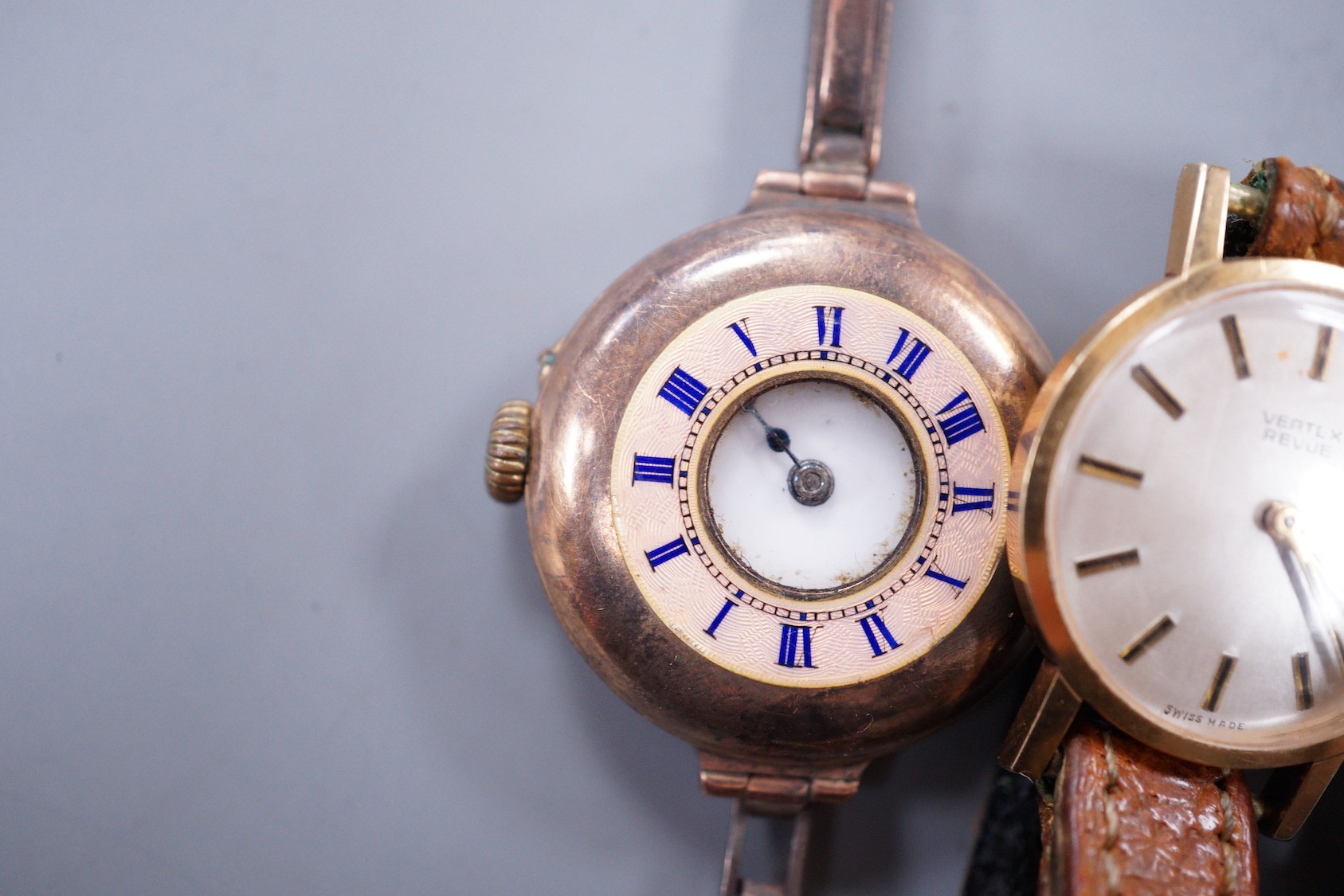 Three assorted lady's 9ct gold manual wind wrist watches, including a Vertex Revue and Rotary on leather straps and half hunter on damaged 9ct bracelet.